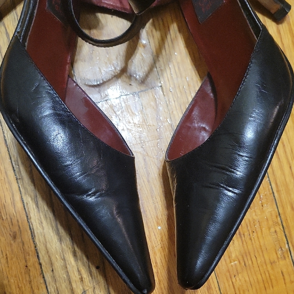 Carlos Falchi Black Leather Pointed Toe High Heels Shoes Size 7 1/2 B - Picture 4 of 16